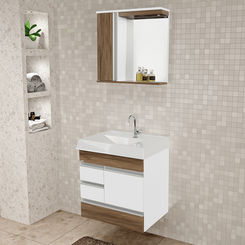 Conjunto Gabinete de Banheiro Napole 59,5cm Nogal Sevilha Rorato