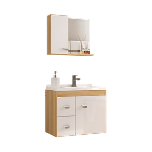 Conjunto Gabinete de Banheiro Elisa Suspenso  58cm Branco e Carvalho Fabribam - 108168